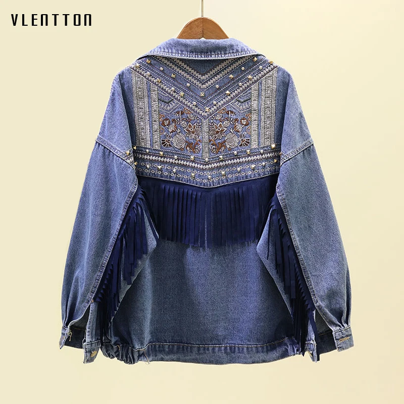 

Spring Autumn Vintage Women's Denim Jacket National Wind Rivet Embroidered Outwear Long sleeve Loose Jeans Jackets Coat Female