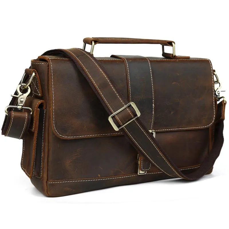 TIDING Genuine Cowhide Leather Men Messenger Bag Retro Handbag Business Briefcase Crazy Horse Leather Shoulder Bag Crossbody Bag