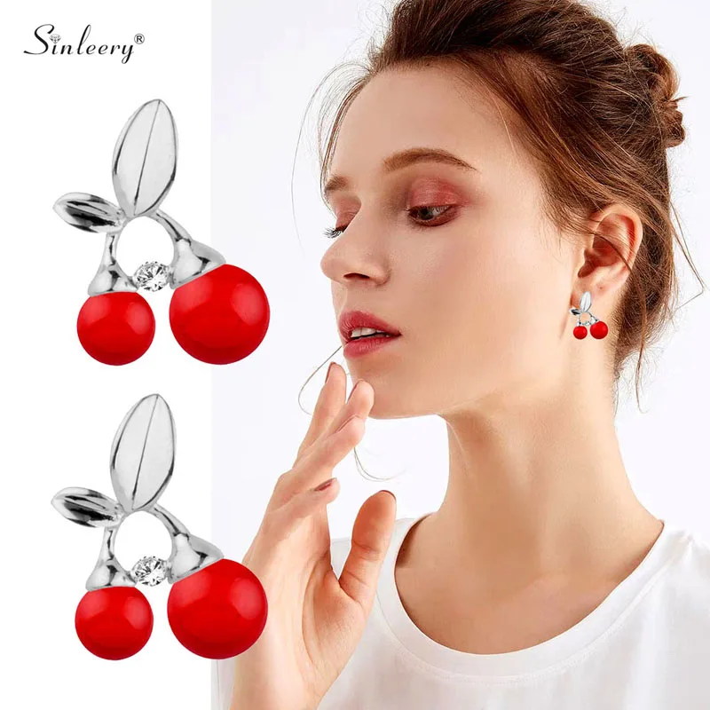 SINLEERY/милые красные вишневые серьги-гвоздики с листьями золотого, серебряного цвета, акриловые массивные серьги для женщин, ювелирные изделия ES224 SSH