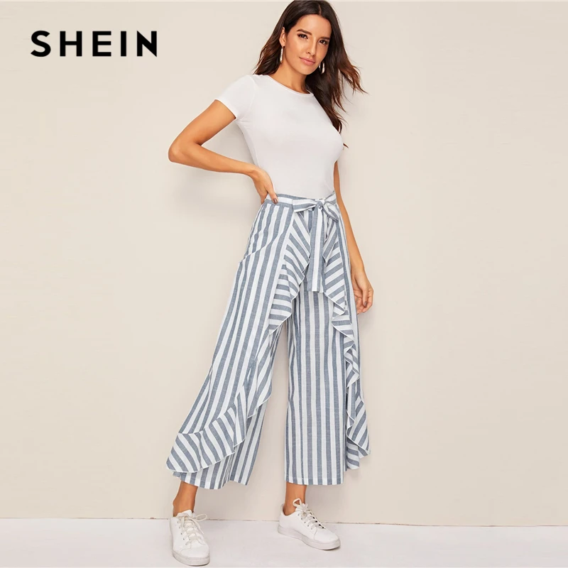 SHEIN двухцветные брюки палаццо с оборками и поясом, Boho, с высокой талией, широкие брюки, весна-лето, свободные женские брюки в полоску