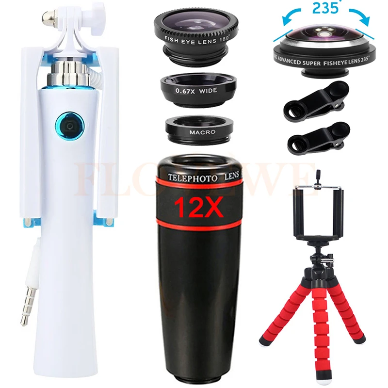 235 degree Fisheye Lentes 12X Telephoto Zoom Lenses Wide Angle Macro Fisheye lens Mini Selfie Stick Mobile Tripod For Cell Phone