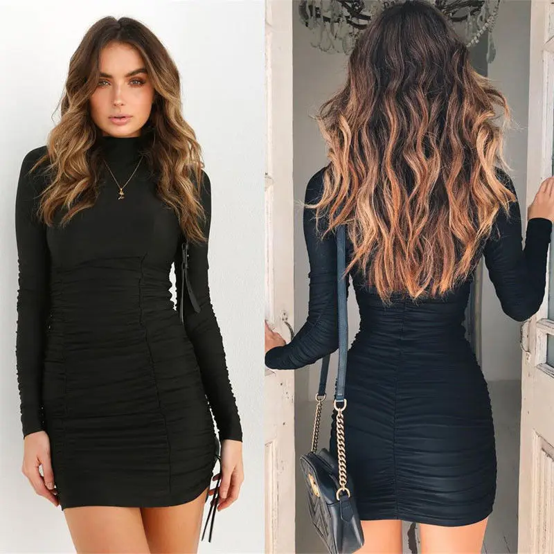 

2018 New Women Chiffon Long Sleeve Fashion Sexy Sheath Dress Ladies Casual Slim Black Short Mini Dress