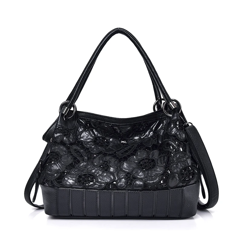 

2019 New Fashion Black Soft Real Genuine Leather Women Flower Handbag Elegant Ladies Hobo Shoulder Bag Messenger Purse Satchel