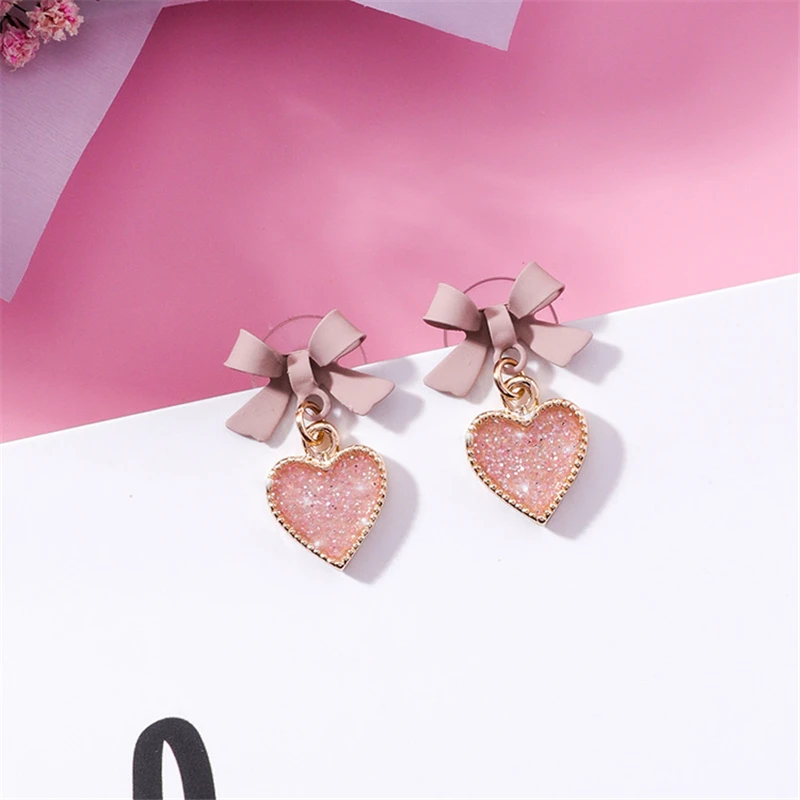 

Korean New Fashion Statement Jewelry Pink Bowknot Heart Drop Earrings For Women Pendientes Accessories Sweet Boucle D'oreille