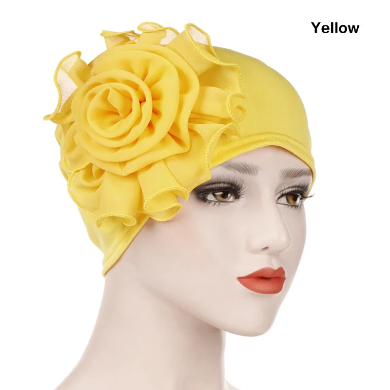 1 шт. кружевной цветок рюшами мусульманский хиджаб исламский Джерси для женщин тюрбан химиотерапия шляпа шарф дамы новая мода зима теплый головной убор кепки - Цвет: yellow