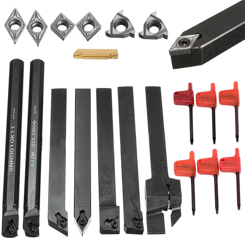 PDTO 7pcs Set of 10mm CNC Lathe Turning Tool Holder Boring Bar with 7pcs DCMT CCMT Cutting Insert Blade with 7pcs Wrench