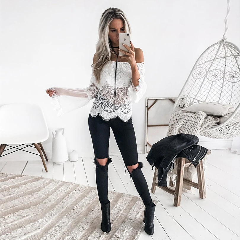 

2019 New Women Slash Neck Tops Mesh Long Sleeve Patchwork Lace Ruffles Blouse Streetwear Party Shirts