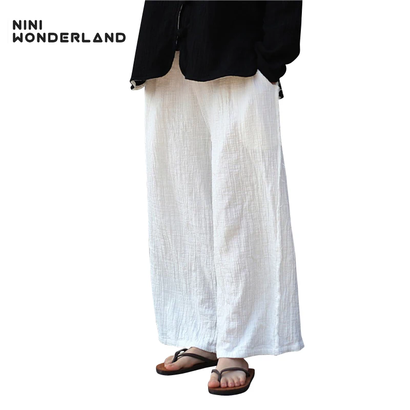

NINI WONDERLAND Spring Straight Pants Women Elastic Waist Cotton Linen Loose Trousers Female Casual Pants 2019 Autumn Vintage