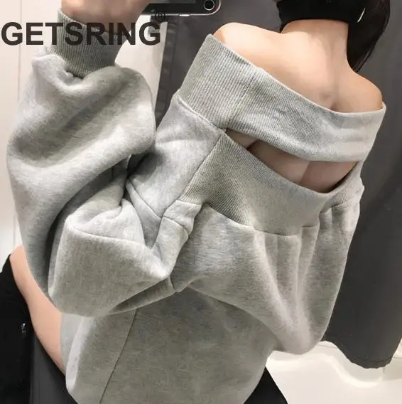 

GETSRING Womens Hoodies Slash Neck Backless Woman Sweatshirt Long Sleeve Sexy Woman Tops Loose Long Sweatshirt Women Coat Autumn