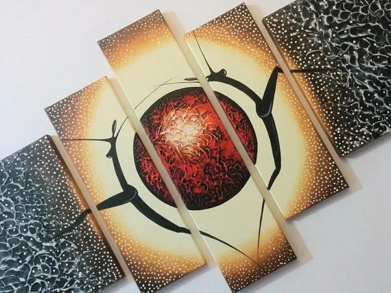 WALL PAINTINGS MODERN hand-painted - 5 Canvas Artwork Painting composition (182 x 90 cmnches) Ethnic 1fantasy orange ocher gold2