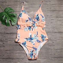 Women Frilled One Piece Plunge Swimsuit Sexy High Waist Plunging Neck Floral 2019 New Print Swim Bathing Suit Swimwear frilled trim tribal print backless slit swimsuit
