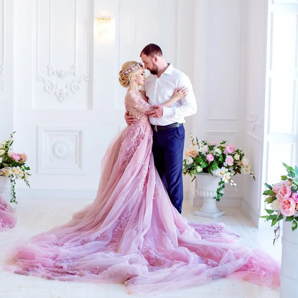 Женское кружевное свадебное платье Pretty розовое с длинными рукавами