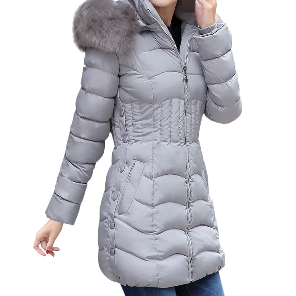 Парки с натуральным мехом, повседневное пальто на молнии, высокое качество, с капюшоном, зимнее женское хлопковое длинное утепленное тонкое пальто Nov29 - Цвет: Gray