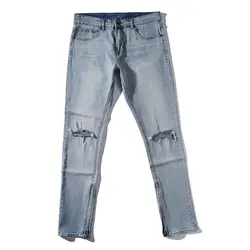 Новая мода для мужчин рваные обтягивающие джинсы брюки с рваными краями и потертостями Slim Fit джинсовые штаны повседневное Slim Hole молния