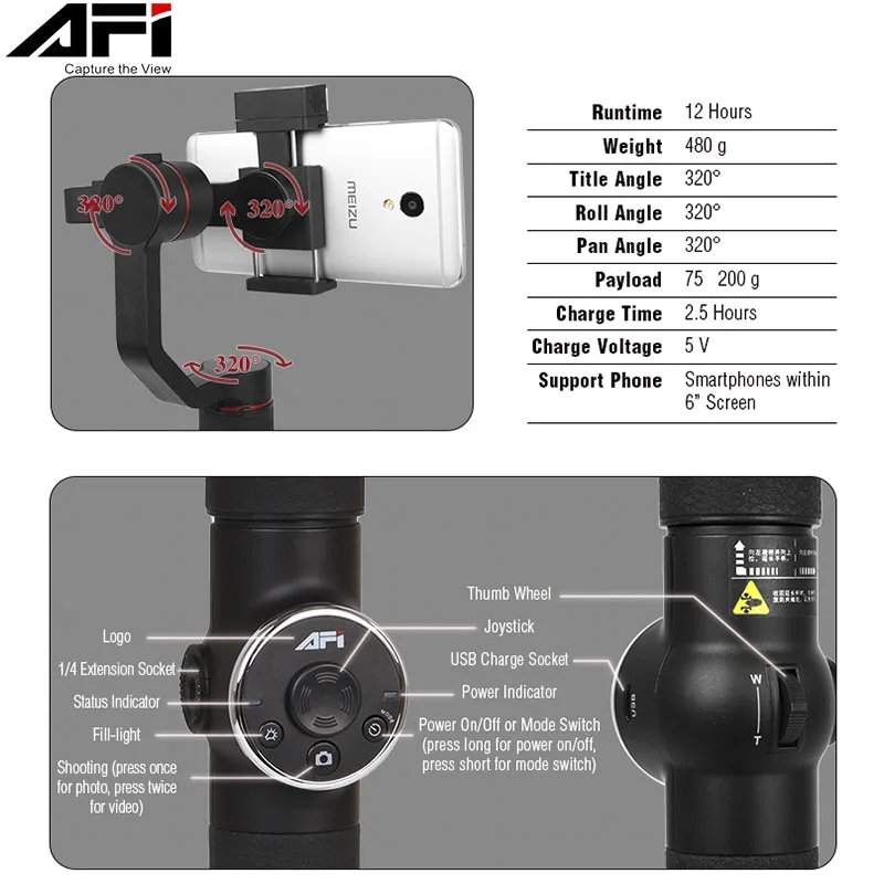 AFI V5 Stabilizer For Phone Gimbal Selfie Sticks 3-Axis Handheld Smartphone Stabilizer Cellular pho