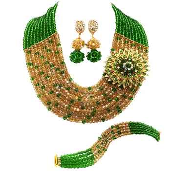 

Green Gold AB Crystal African Wedding Beads Nigerian Beaded Necklace Jewelry Set Bridal Party Jewelry Sets for Women 10C-SZ28