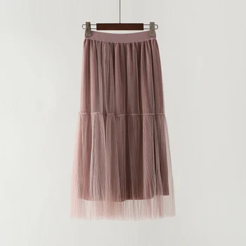

HELIAR Women Tulle Skirt Spring Autumn 2020 MIDI Skirt Elegant High Waist Mesh Layers Pleated Skirts Female Aline Elastic Skirt
