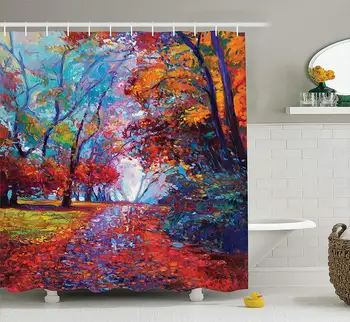 

Country Decor Shower Curtain Set Colorful Park In Fall Arts View of The Maple Tree In The Nature Art Work Bathroom Accessories