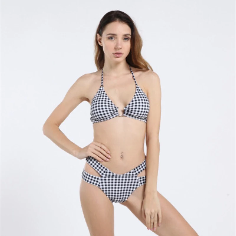 

2019 Sexy Push Up Set Beach Women Swimsuit Plus Size Hollow Out Bandage High Waist Small Check Summer Swimwear Biquini Bra Sets