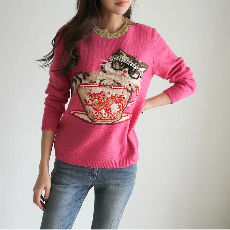 

Fashion Autumn Pink women sweater Cashmere Long Sleeve Cat Pattern Wool Kint Sweater Ladies Pullover