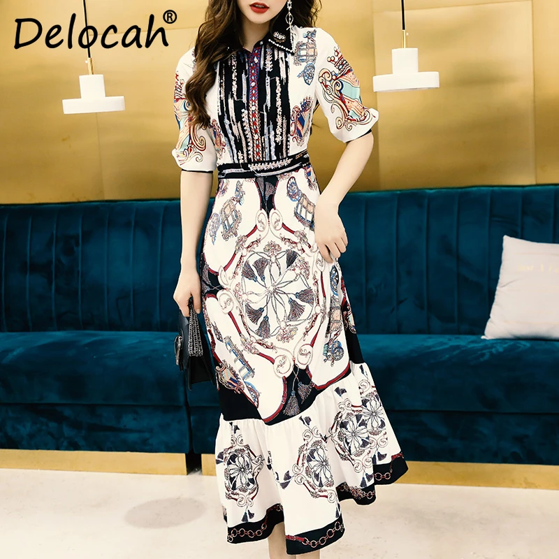 

Delocah Women Spring Summer Dress Runway Fashion Designer Half Gorgeous Beading Vintage Printed Elegant Slim Long Ladies Dresses