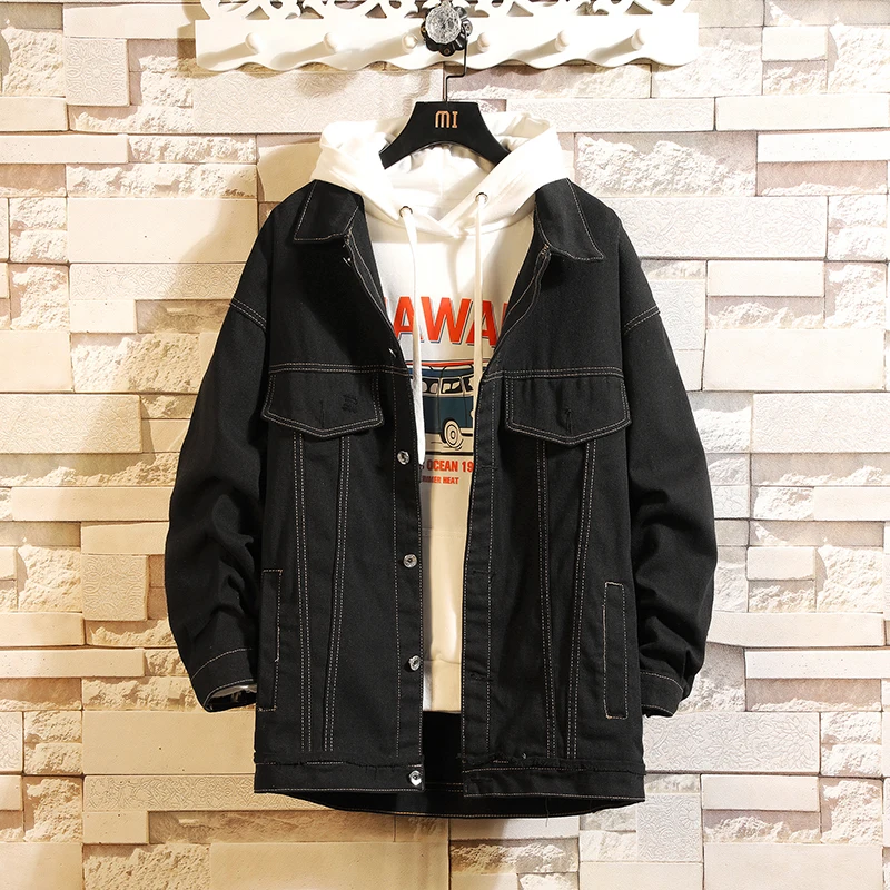 

Spring New Denim Jacket Men Fashion Solid Color Casual Tear Hole Denim Jacket Man Streetwear Hip Hop Loose Bomber Jacket M-2XL