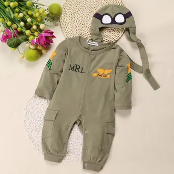 

Autumn New Born Baby Boy Romper And Hat 2 Piece Suits Long Sleeve Green Cotton Jumpsuit Astronaut Cap Two Piece Set For Infant