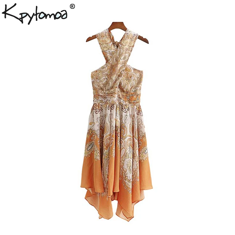 

Vintage Stylish Floral Print Irregular Halter Dress Women 2019 Fashion Backless Zipper Bow Tie Dresses Casual Vestidos Mujer