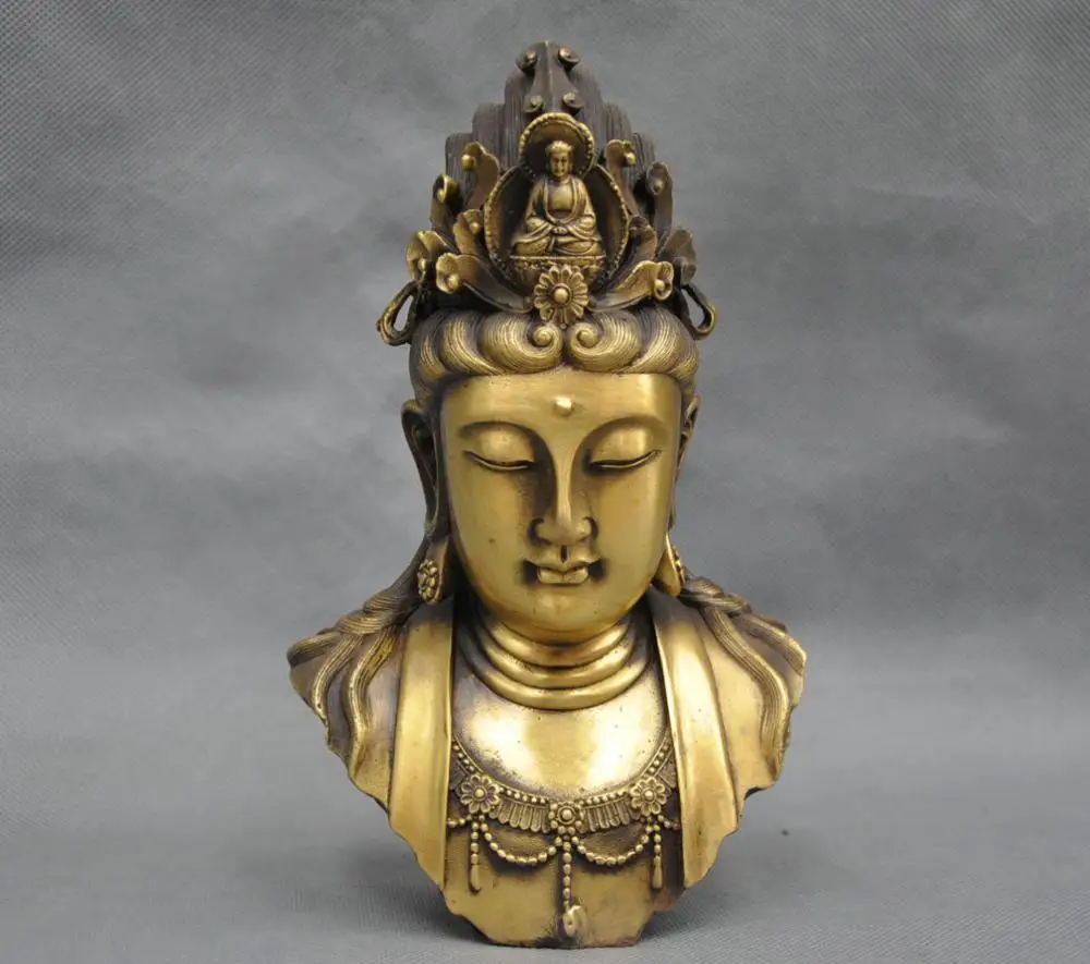9'' China Kwan yin Buddha Guanyin Boddhisattva Bust Bronze Statue