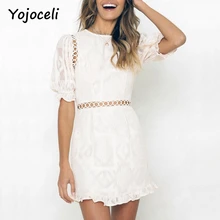 Yojoceli Очаровательная выдалбливают кружевное платье г. пикантные вечерние Клубные облегающее платье с рюшами Белый кружевной женский платье