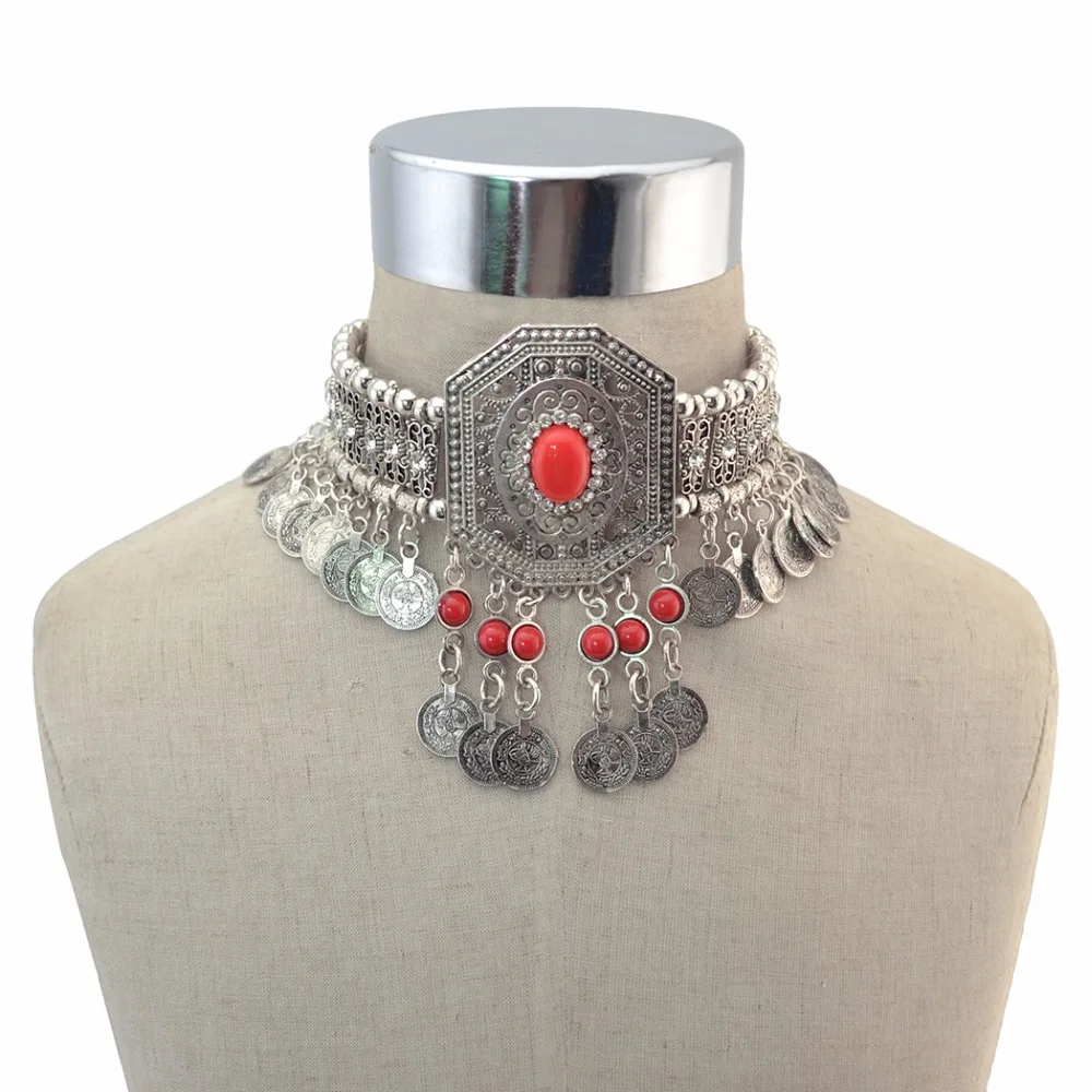 

Gypsy Turkish Boho Antique Silver Red Green Stone Choker Necklace with Coin Tassel Ethnic Coin Statement Necklace Bracelet Sets
