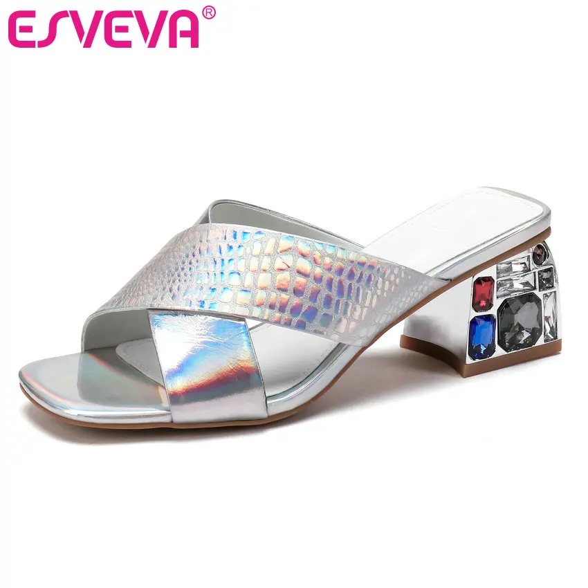 

ESVEVA 2019 Women Sandals Cow Leather+PU Summer Square Toe Crystal Platform Square Med Heel Women Pumps Size 34-42