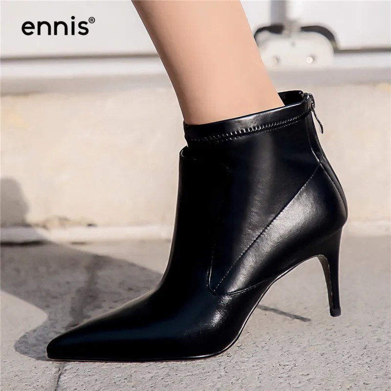 

ENNIS 2019 Plus Size High Heel Ankle Boots Pointed Toe Women Shoes Stiletto White Black Genuine Leather Boots Autumn Fashion 867