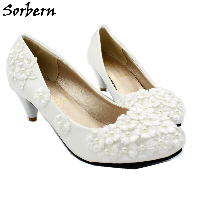 

Sorbern String Bead Chinese Knot Wedding Shoes Lace Strap Small Size Kitten Heel White Slip-On Round Toe Female Bridesmaid Shoes