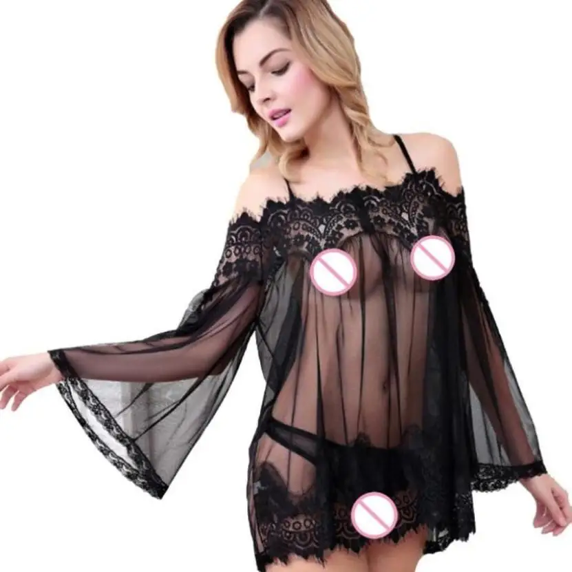 

Women Lingerie Sexy Slash Neck Babydoll Sleepwear Underwear Lace Dress Nightwear +G-string Black White nightdress chemise de nui