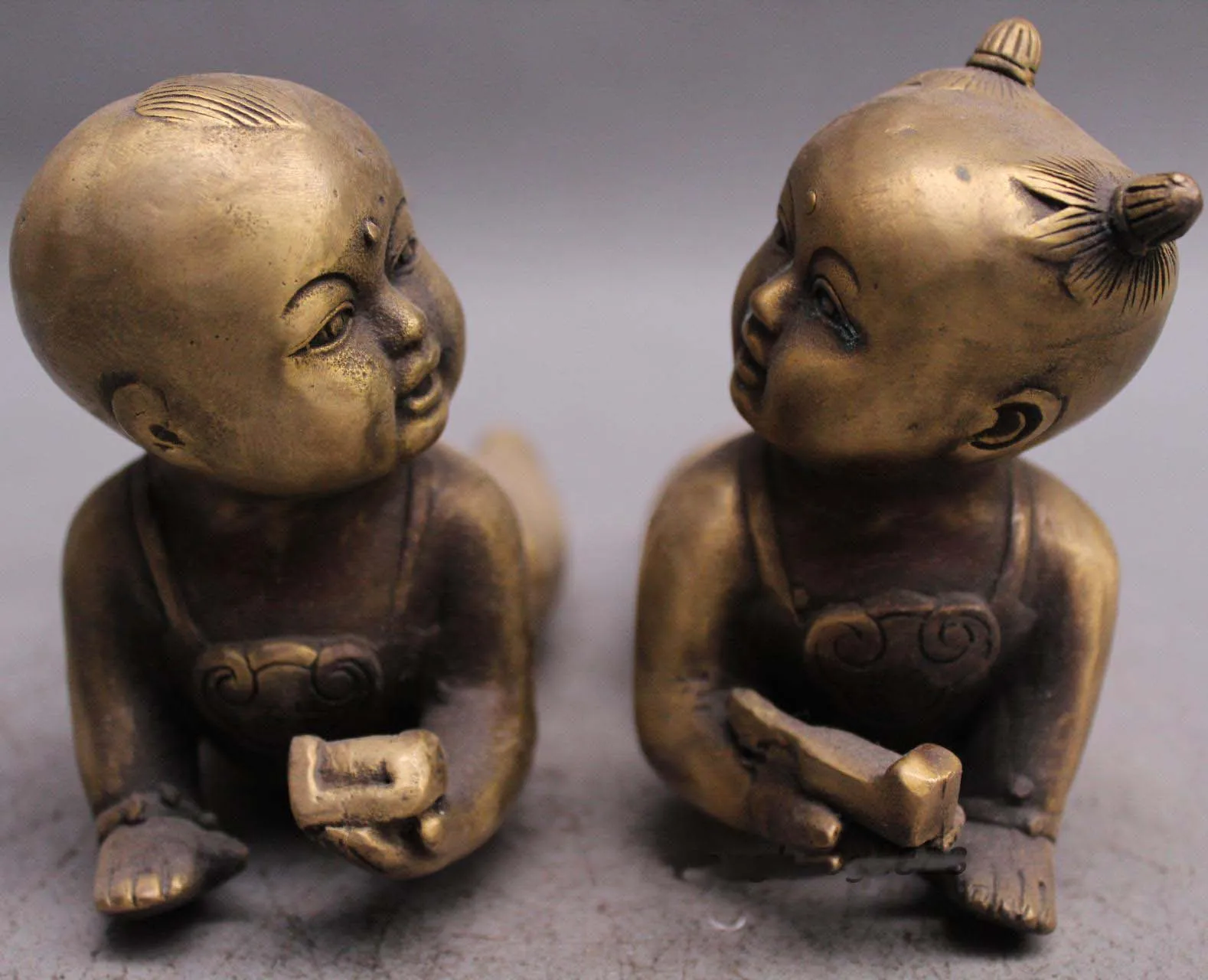

7" Old Chinese Ancient Brass Tongzi Kid Tong Boy And Girl Pair Statue