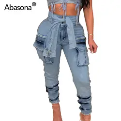 Abasona Высокая талия джинсы с прорезями нищий карманы пояса завязывать старинный карандаш брюки Модные женские летние классические брюки