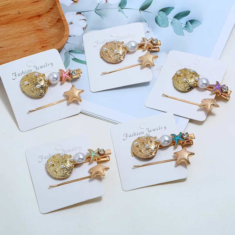 

HOCOLE Bohemian Imitation Pearl Metal Hair Clips Women Fashion Star Conch Crystal Hairpins Headdress Hair Styling Accessories