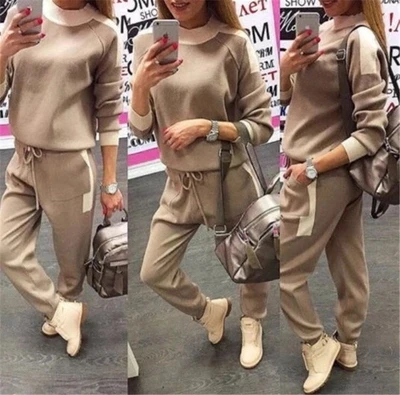 

High Quality 2018 Winter women Patchwork fashion suit Long sleeve slim Hooded OL Top and Bottom Slim Warm woman two piece set