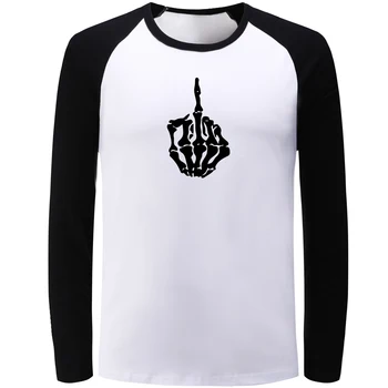 

IDzn Men's Raglan Long Sleeve T-shirts Cool Bone Middle Finger Pattern Blue Black Cotton T Shirt for Boy Fashion Casual Tee Tops