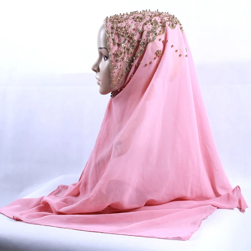 

Premium Bubble Chiffon Scarves Wrap Muslim Gold Glitter Pearl Hijabs Shawl Women Headscarf Head Caps Islamic Voile 70*170cm 1pc