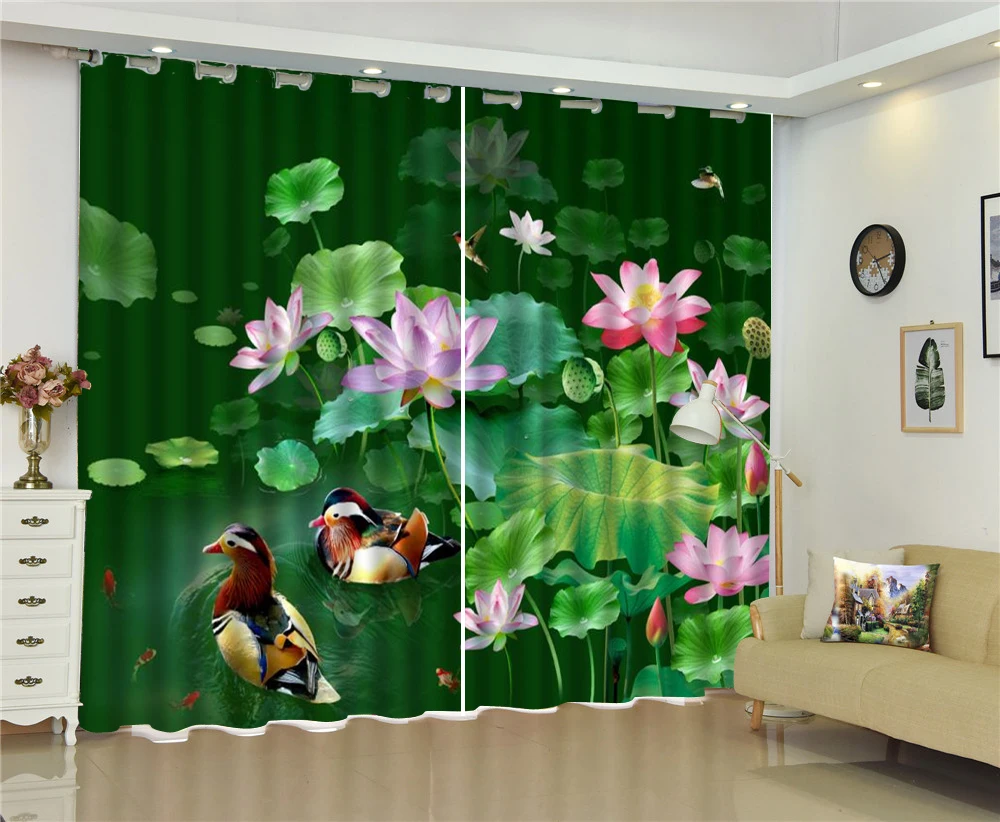 

Pink Lotus Blossoms with Love Auspicious Birds 3D Animal Curtains Exquisite High-end Blackout Curtains