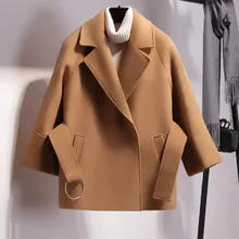 Осень Зима Новое женское Короткое шерстяное пальто Модный Плащ с поясом шерстяная куртка однотонное элегантное пальто на пуговицах размера плюс 5XL