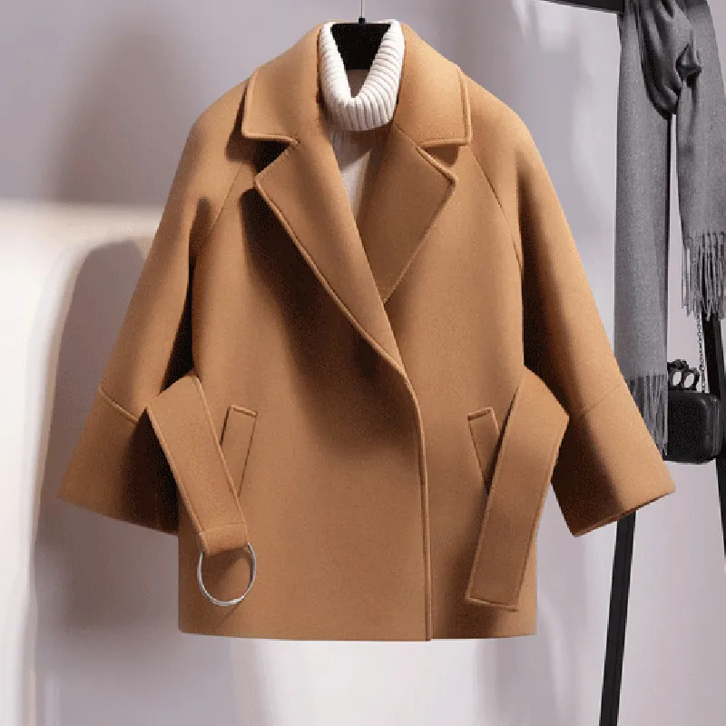 

Autumn Winter New Women Short Woolen Coat 2019 Fashion Belt Cloak Woollen Jacket Solid Elegant Button Plus Size 5XL Overcoat