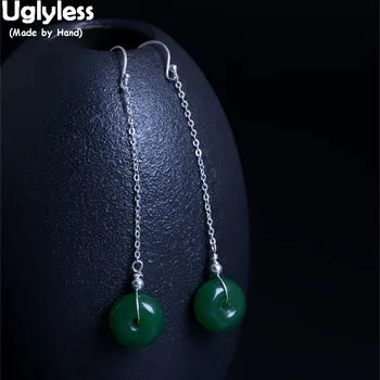 

Uglyless 100% Real 925 Sterling Silver Summer Style Long Earrings for Women Green Glass Buttons Earrings HOT Wild Brincos Bijoux