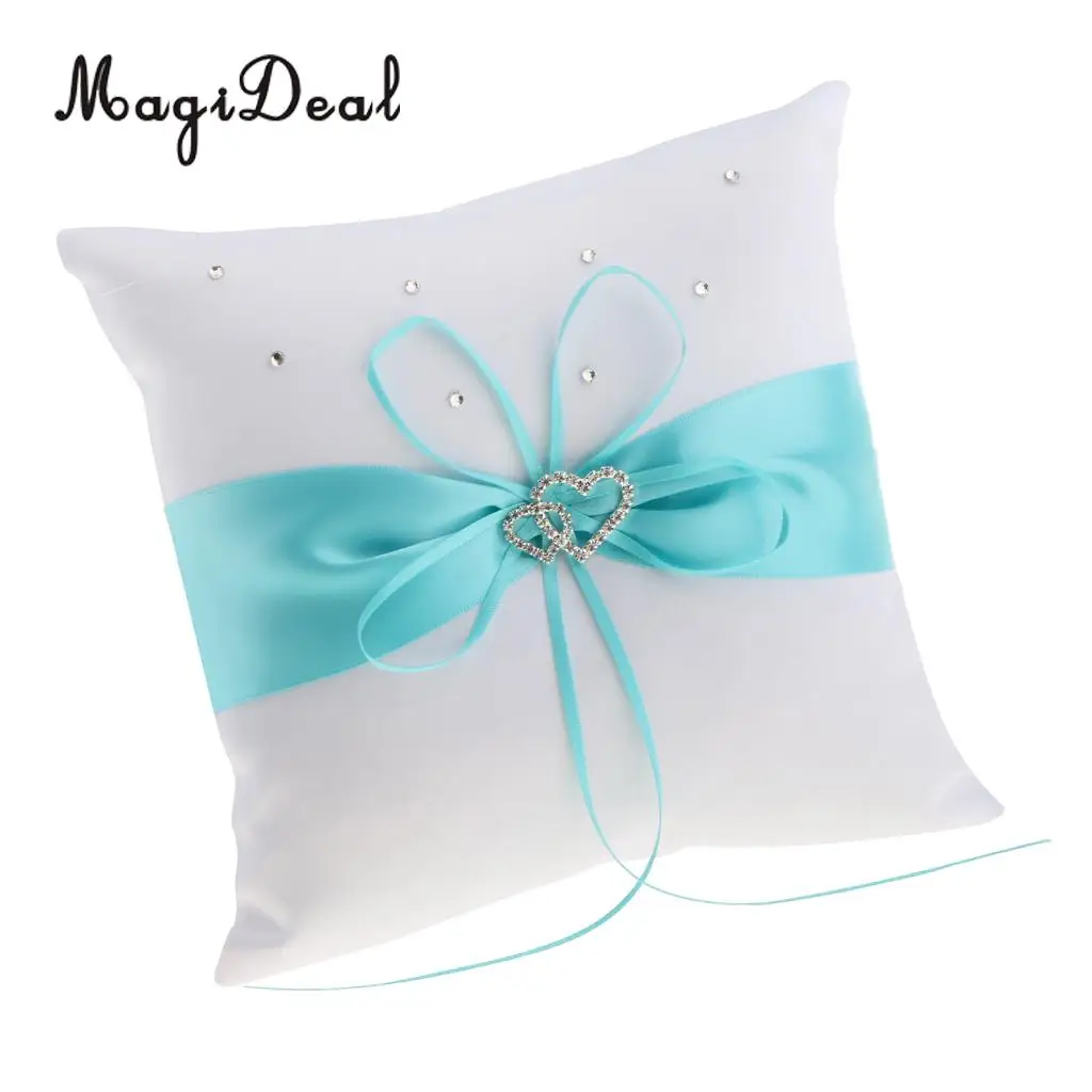 Wedding Ceremony Satin Heart Ring Pillow Diamond Ribbon Ring Bearer Cushion