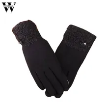 Для женщин зима теплая лук меха с бархат вождения полный палец Сенсорный экран перчатки