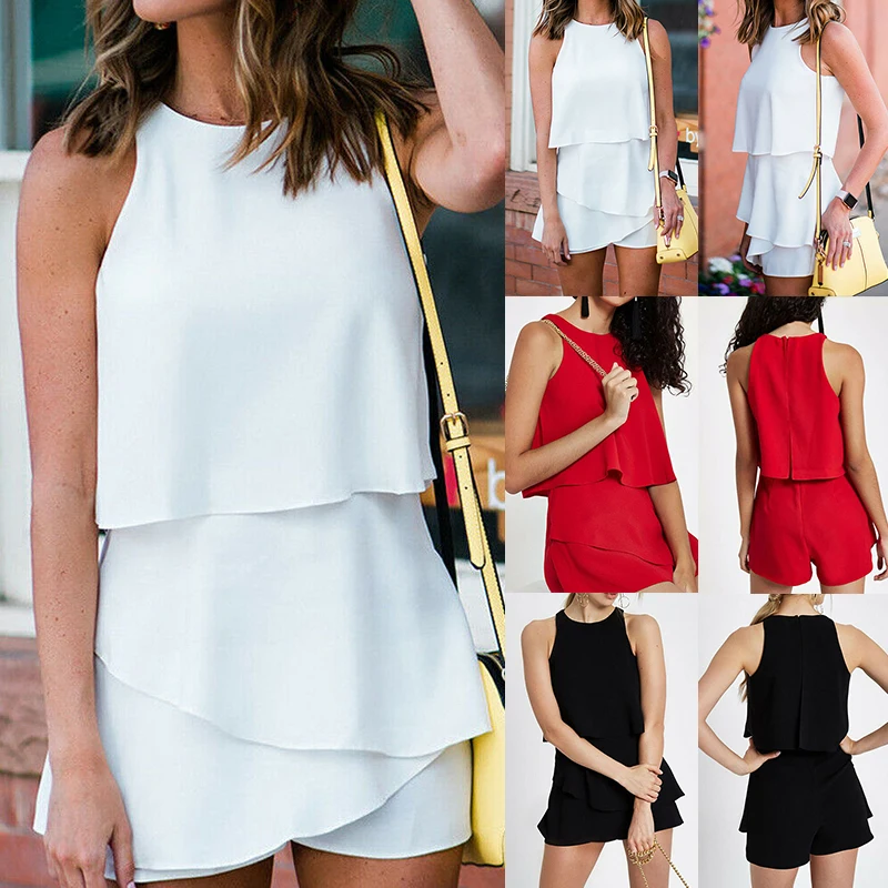 New  Women Sleeveless Ruffle Summer Mini Playsuit Ladies Short Jumpsuit Romper Solid Crew Neck Casual Holiday Beach Jumpsuit