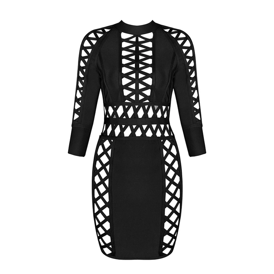 

2018 Autumn Women Bandage Dress Hollow Out Above Knee O Neck Bodycon Evening Party Dresses Club Wear Vestidos