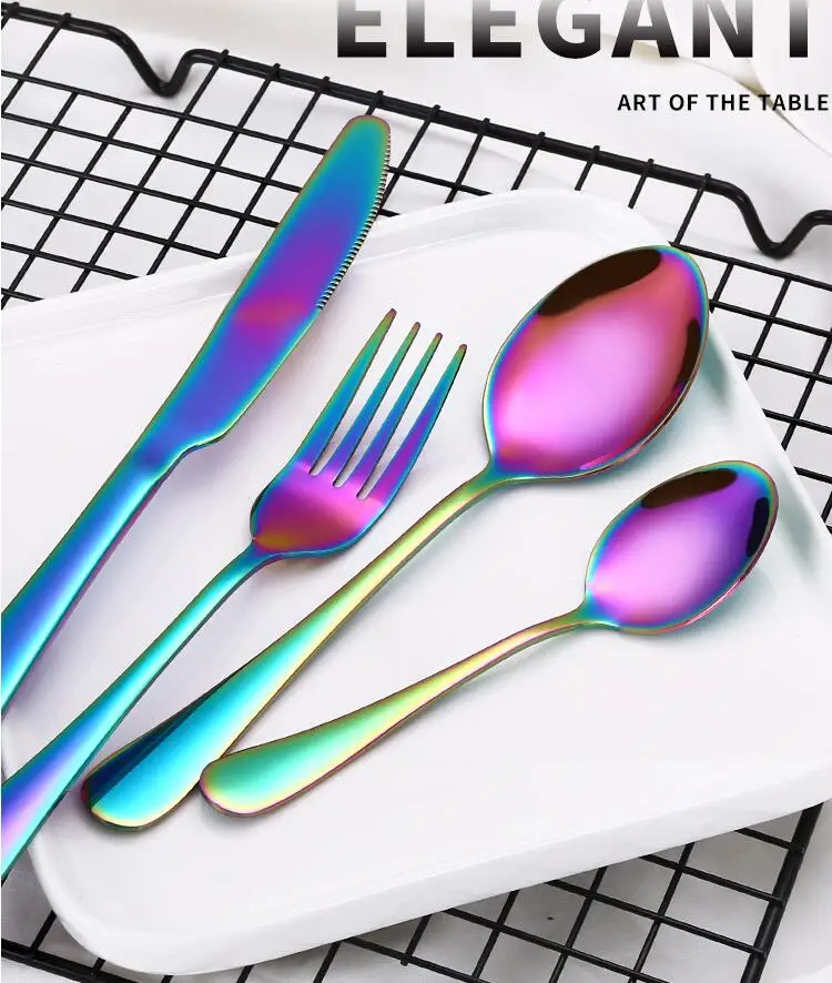 

wholesale 100set practical 4pcs/set Colorful Cutlery Set Rainbow Gold Plated Dinnerware Creative Dinner Set Fork for Wedding
